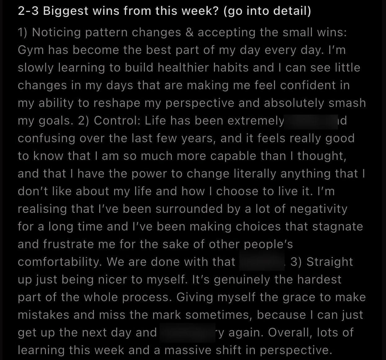 Client weekly check-in: gym is the best part of my day, realising I'm capable of changing anything in my life, a massive shift in perspective