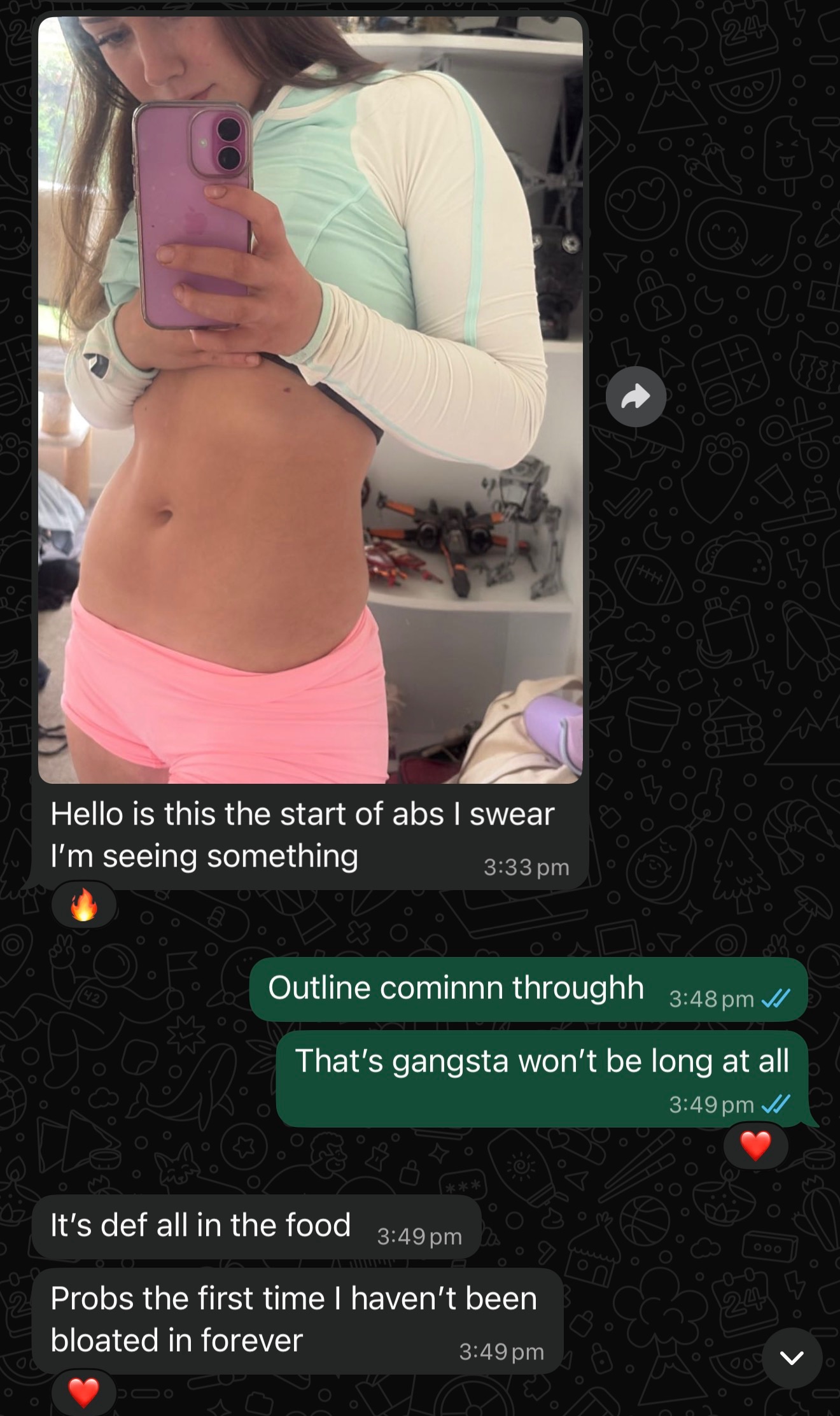 Client message: is this the start of abs, first time I haven't been bloated in forever