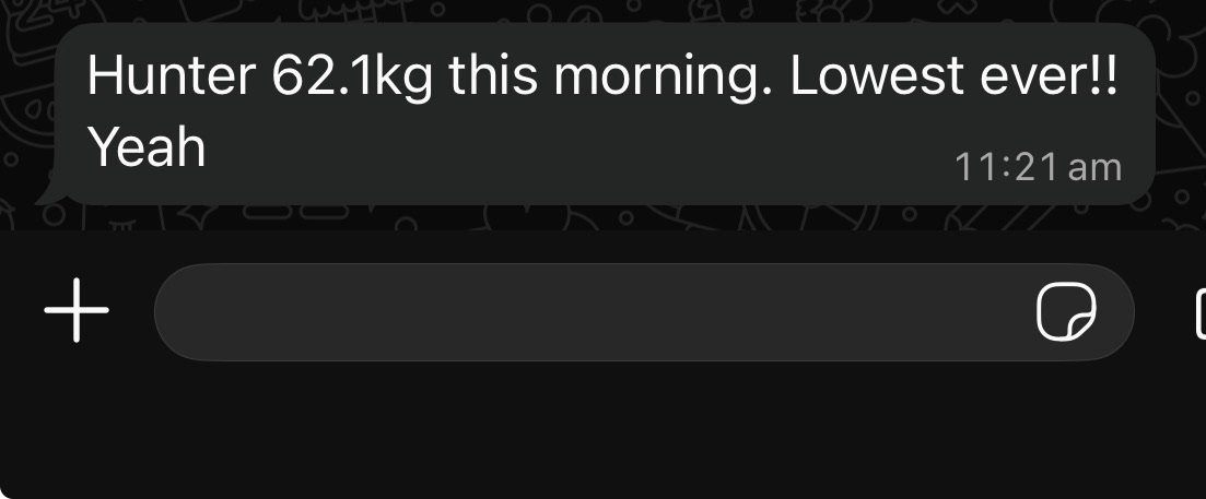Client message: 62.1kg this morning, lowest ever