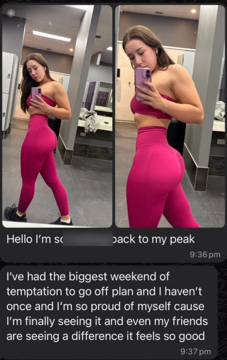Client before and after in gym wear with a message: had the biggest weekend of temptation to go off plan and didn't cave once, so proud, finally seeing the difference and even friends are noticing